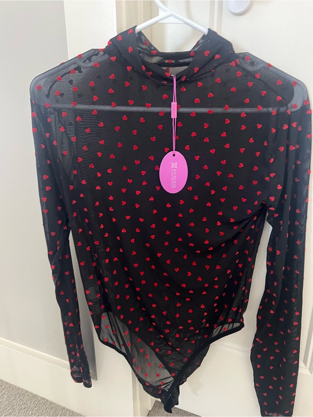Black Sheer Bodysuit with Red Heart Print - Picture 2 of 5